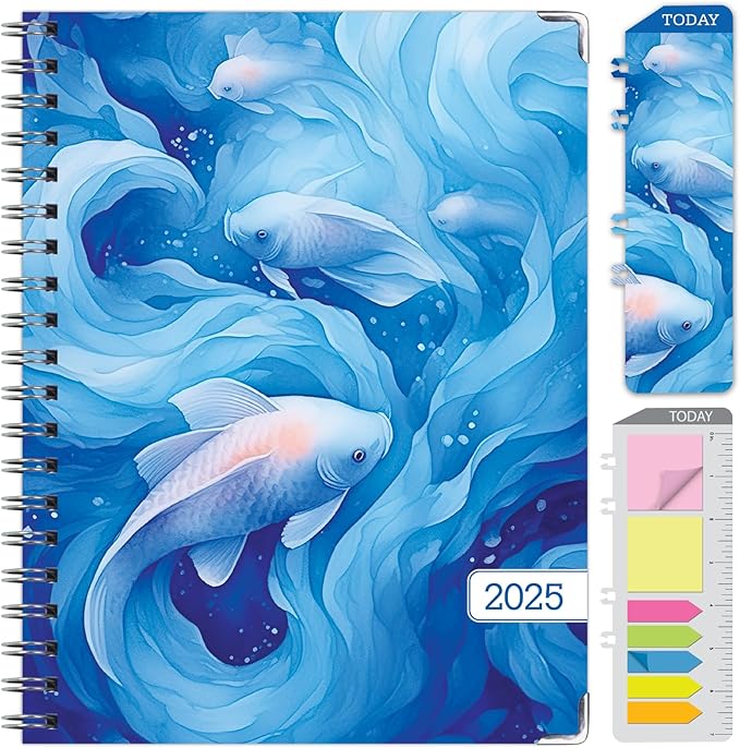 HARDCOVER 2025 Planner, 8.5"x11": 14 Months (November 2024 - December 2025), Daily Weekly Monthly Planner, Yearly Agenda, Bookmark, Pocket Folder and Sticky Note Set (Blue Koi)