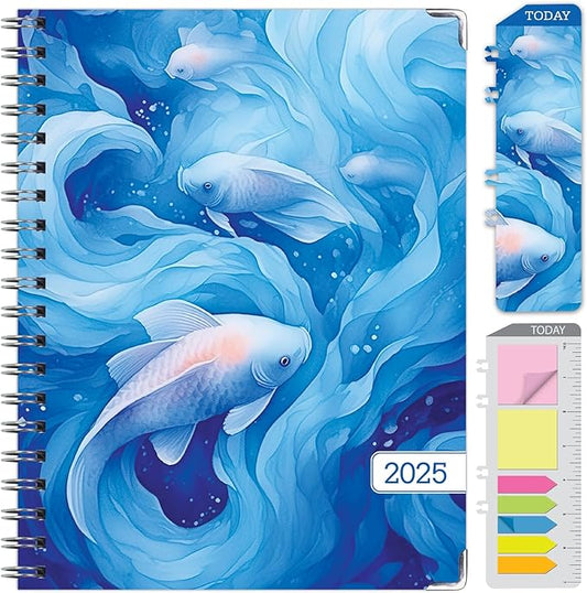 HARDCOVER 2025 Planner, 8.5"x11": 14 Months (November 2024 - December 2025), Daily Weekly Monthly Planner, Yearly Agenda, Bookmark, Pocket Folder and Sticky Note Set (Blue Koi)