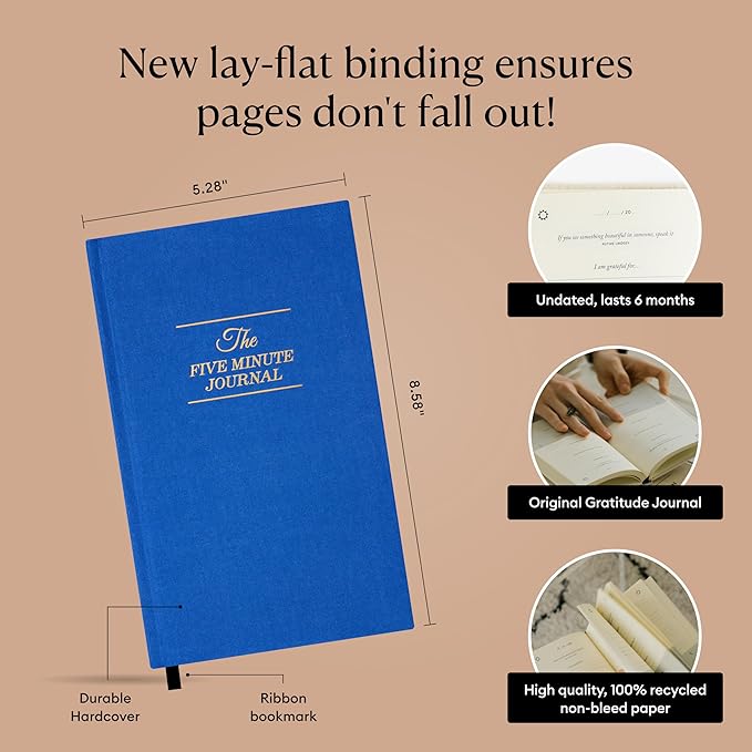 Intelligent Change The Five Minute Journal, Original Daily Gratitude 2025, Reflection & Manifestation for Mindfulness, Undated Daily with Gold Foiling, Plastic-Free, Blue