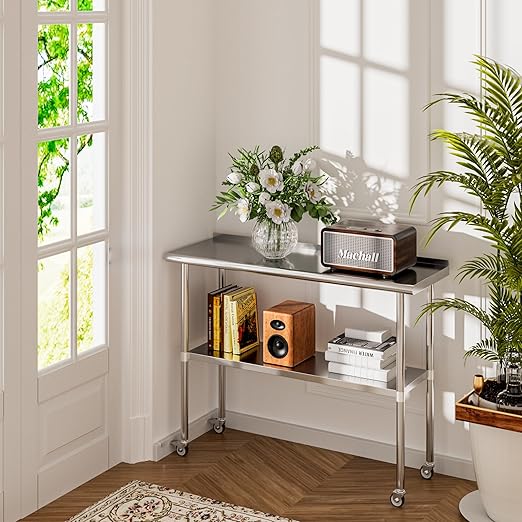 Stainless Steel Table with Wheels 18 x 48 Inches Metal Prep Table with Backsplash & Caster, Adjustable Undershelf for Commercial Kitchen, Outdoor, Restaurant, Hotel & Garage