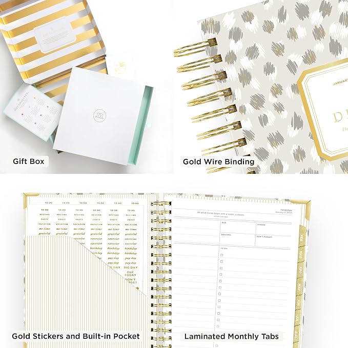 Day Designer 2025 Daily Planner – Premium Planner for Stylish Organization. Combines Monthly Calendar, Hourly Schedule, To-Do List, Gratitude, Goal Setting, Inspirational Quotes, Stickers & More. Elegant laminated Cover with Gold Accents (Chic)