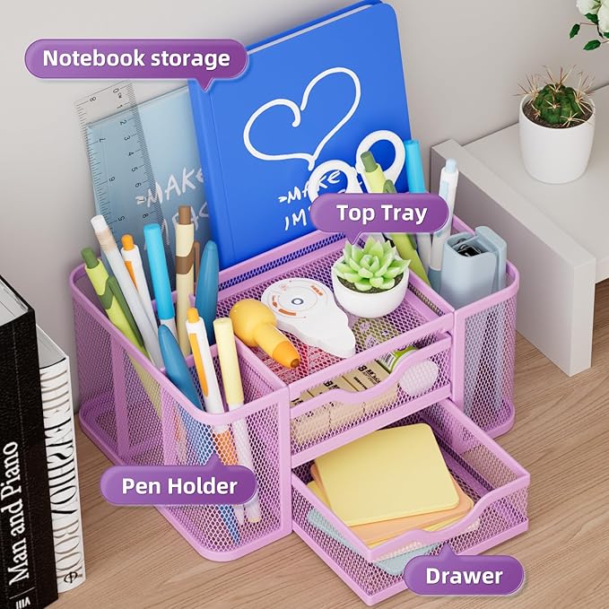 Marbrasse Mesh Desk Organizer, Pen Organizer with 2 Drawer, Multi-Functional Pencil Holder for Desk, Desk Organizers and Accessories with 5 Compartments + Drawer for Office Art Supplies (Purple)
