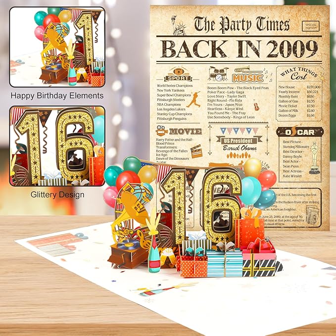 16th Birthday Card for Girls Boys, 3D Pop Up 16th Birthday Gifts Cards, Happy 16 Birthdays Decorations for 16 Year Old Son Daughter, Funny Back In 2009, Classy Vintage