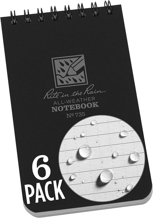 Rite in the Rain Weatherproof Top Spiral Notebook, 3" x 5", Black Cover, Universal Pattern, 6 Pack (No. 735L6)