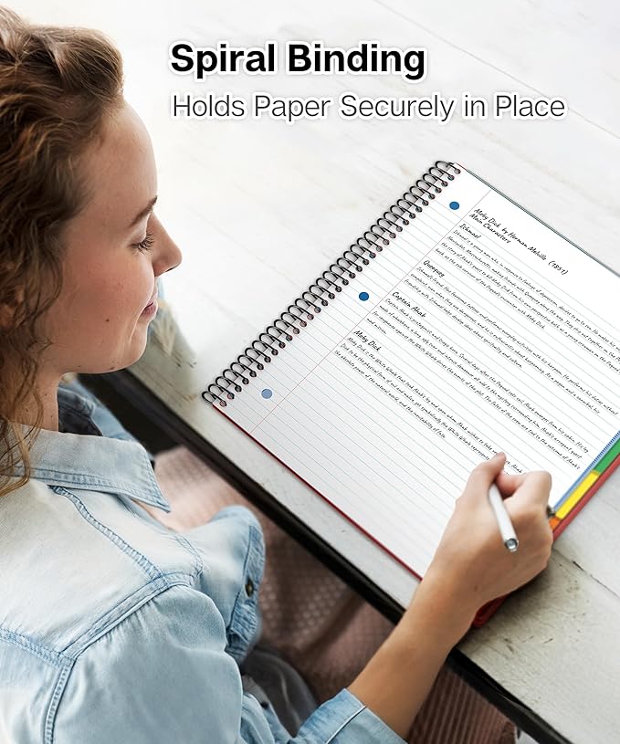 Dunwell 5-Subject Spiral Notebook, College Ruled (Red), Colorful Movable Pocket Dividers with Tabs, Front/Back Plastic Covers, 200 Sheets (400 Pages) of 3-Hole Punch Perforated 8.5x11 Paper