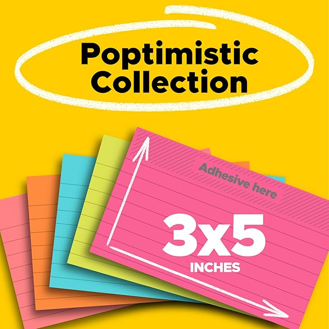 Post-it Notes, 3 in x 5 in, 5 Sticky Notes Pads, 100 Sheets per Pad, Poptimistic Collection, School Supplies and Oﬃce Products, The Original Post-it Note