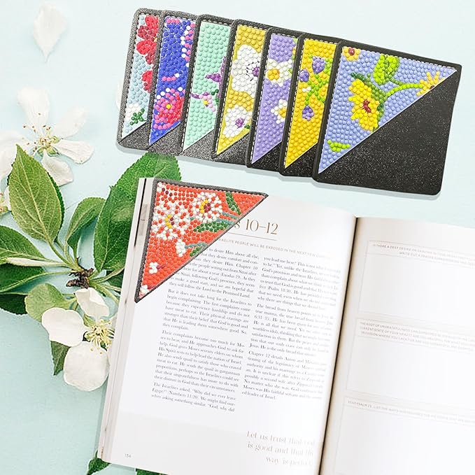 Ergonomic Diamond Art Pen with 8 Pcs Diamond Art Bookmarks Kit for Adult, DIY Diamond Paint Corner Book Makers Set, Small Diamond Art Kits, Paint by Art Crafts Kit Gifts(Floral 8)