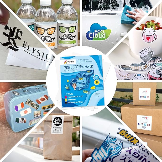 Printable Vinyl Sticker Paper for Laser Printer - Glossy White - 30 Self-Adhesive Sheets - Waterproof Decal Paper - Standard Letter Size 8.5"x11"