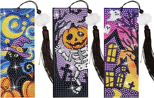 Anseal Halloween Diamond Painting Bookmarks for Book Lovers, Rhinestone PU Leather Diamond Art Bookmark for Women Girls, Tassel Beaded Book Mark for Graduation Birthday Reading Present (Halloween)