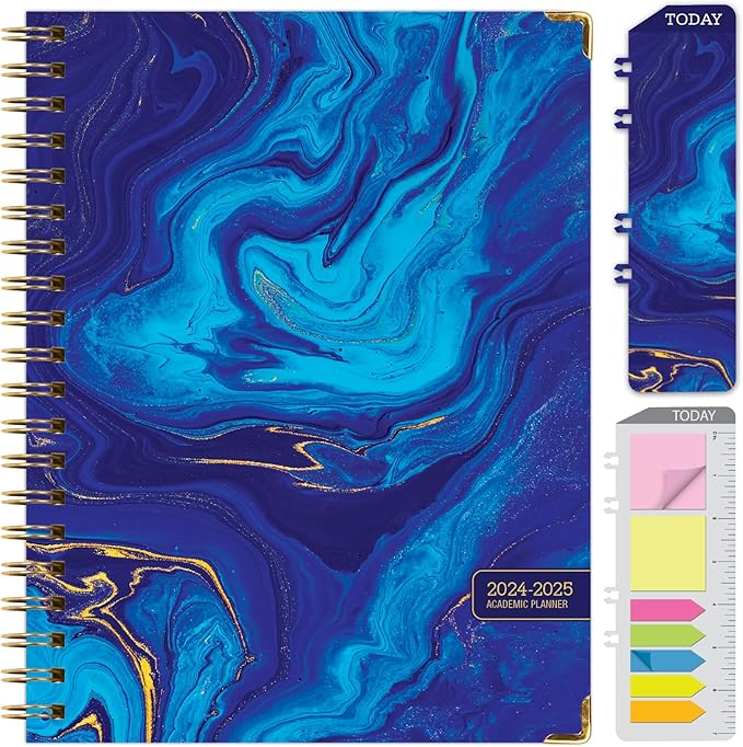 HARDCOVER Academic Year 2024-2025 Planner: (June 2024 Through July 2025) 8.5"x11" Daily Weekly Monthly Planner Yearly Agenda. Bookmark, Pocket Folder and Sticky Note Set (Dark Blue Marble)