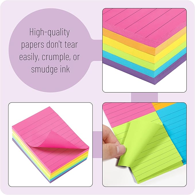Mr. Pen Lined Sticky Notes - 3x4, 6 Pads, 60 Sheets/Pad, Vibrant Colors