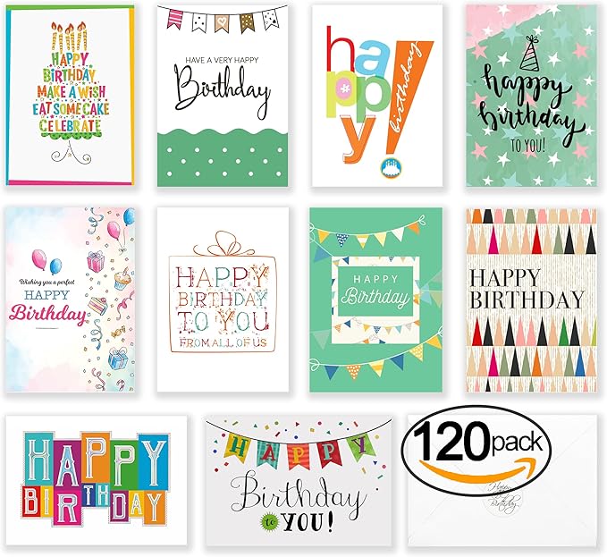 120 Happy Birthday Cards for Office, Business and Personal Use with Short Generic Message Inside, Assorted Greeting Notes Bulk with Envelopes and Stickers 4x6 Inch