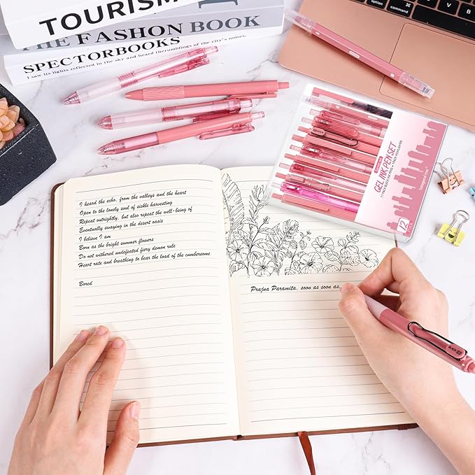 12Pcs Gel Pens Set, 11Pack Gel Pens with 1Pack Highlighter - Fast-Drying Black Ink, Fine Point 0.5mm, Retractable, Cute Pens - Garnet Red Aesthetic Gel Ink Pens for Journaling