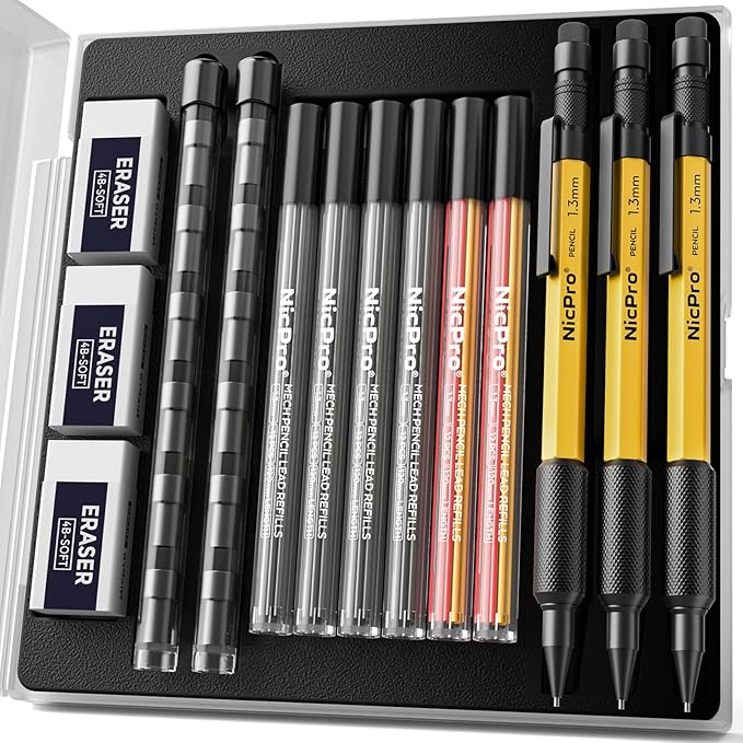Nicpro 3 PCS 1.3 mm Mechanical Pencil Set with 72 Lead Refills, 3 Eraser - Weatherproof Metal Barrel, Heavy Duty Carpenter Pencil MP2000 for Outdoor Marking Drafting Drawing Woodworking - with Case