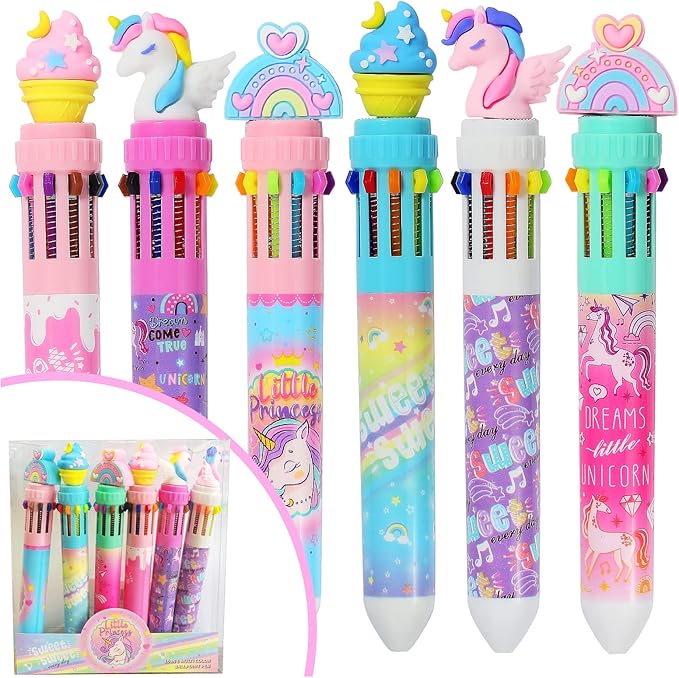 Multicolor Ballpoint Pen 0.7 mm, 10-in-1 Colored Pens Fine Point Retractable Cute Cartoon Unicorn Ballpoint Pens for Office School Students Kids Christmas Gift, 6 Pack
