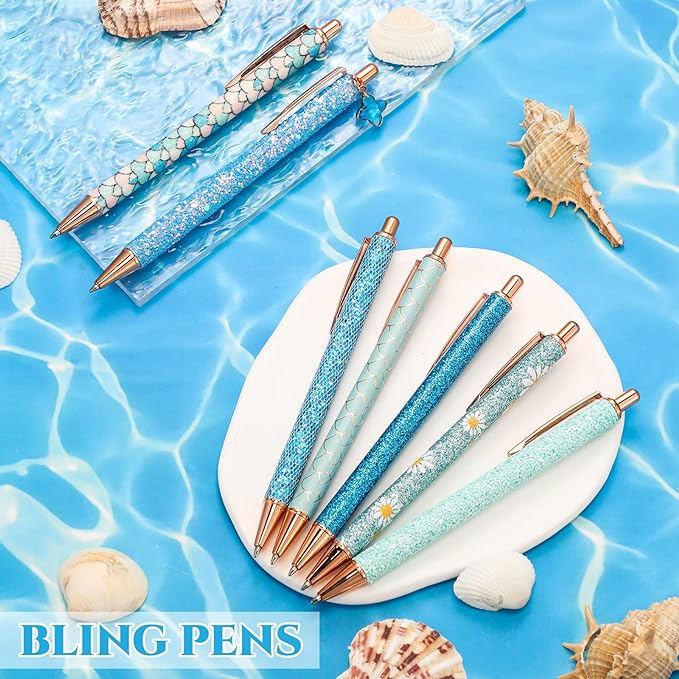 Sherr 7 Pcs Fancy Pens for Women Cute Sparkly Glitter Pens with 10 Pcs Black Ink Refills Pretty Gifts for Girls Office School Christmas Graduation(Blue,Plain)