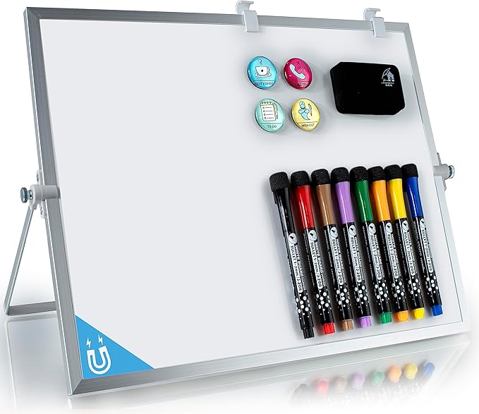 Dry Erase White Board, 16inX12in Large Magnetic Desktop Whiteboard with Stand, 8 Markers, 4 Magnets, 1 Eraser, Portable Double-Sided White Board Easel for Office Memo to Do List Desk School for Kids
