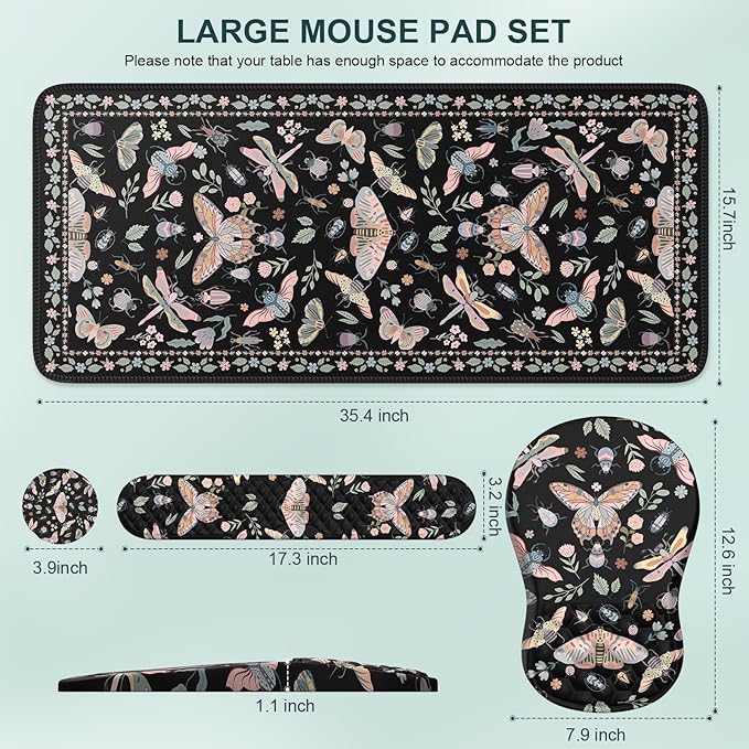 iLeadon Large Mouse Pad and Keyboard Wrist Rest,4in1 Desk Pad Set for Computer Keyboard,Long Floral Mouse Pad XXL+Cup Coaster with Non-Slip Base for Home Office,Black Insect