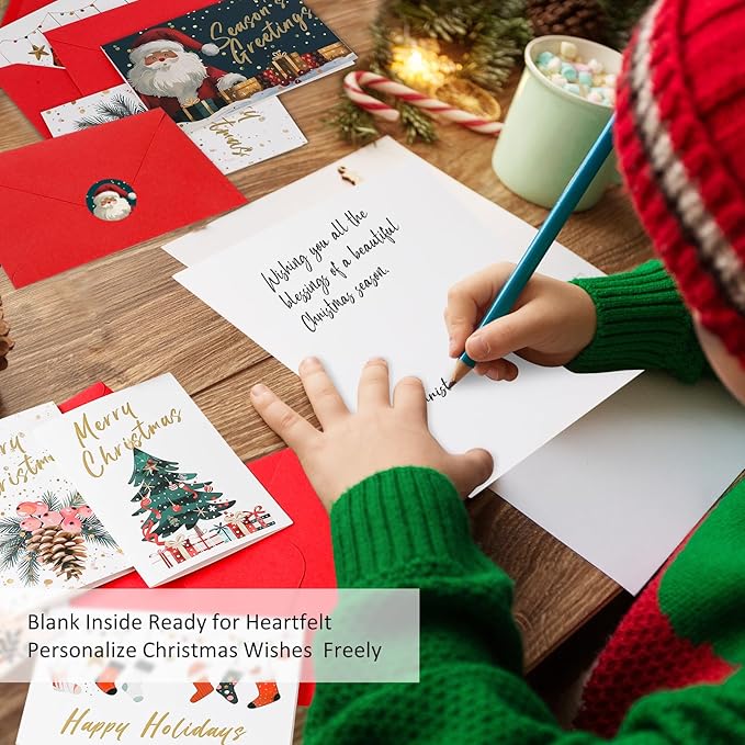 Christmas Cards Assortment, 24 Holiday Cards with Red Envelopes, Greeting and New Years Cards with 6 Designs for Christmas, Holiday, New Year Gift (4x6 Inch)