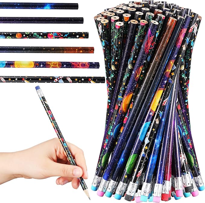 Geyee 36 Pcs Space Pencils Hawaiian Shark Themed Party Favors Assorted Novelty Fun Wood Writing Pencils with Erasers for Birthday Party Teacher Supplies(Space)
