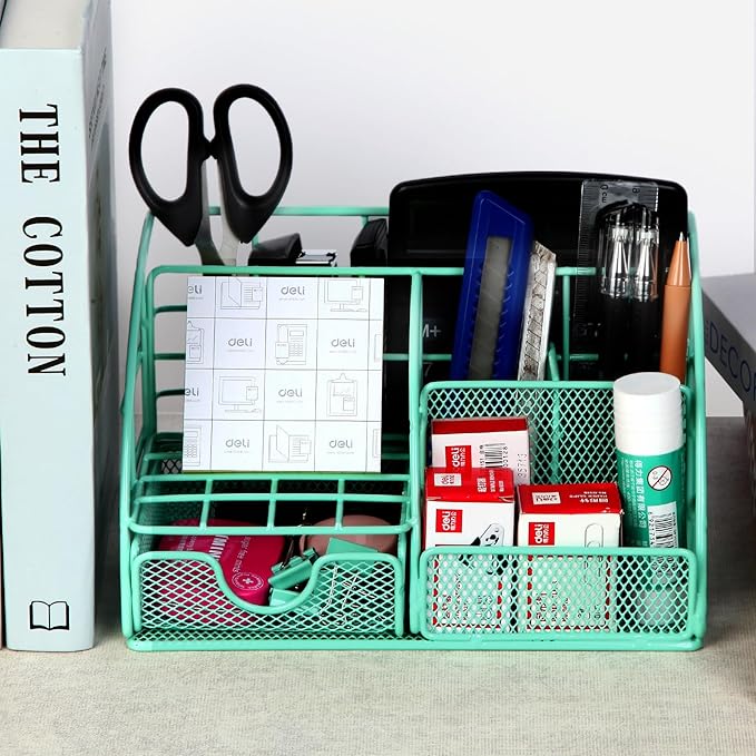 JUOPIEA Desk Organizers and Accessories Office Supplies Organizer with Pen Holder, 72 Clips Set and Phone Stand, Metal Mesh Desktop Organizers with Drawer for Home, Office, School Ect