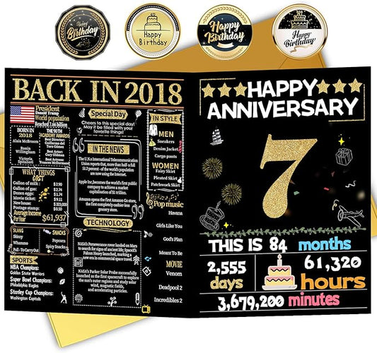 Joycard 7th Anniversary Card for Women Men, Gold Wedding Card for Wife Husband, Sweet Marriage Decorations Gifts for Couple, Perfect for Her Him on Anniversary Day, Back in 2018