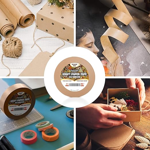 Kraft Paper Tape K49- Self Adhesive Brown Frame Backing Tape Packing Tape with Oxidation Resistance for Picture Framing, Masking, Sealing and Packaging Use - 2inch Wide 180FT Long