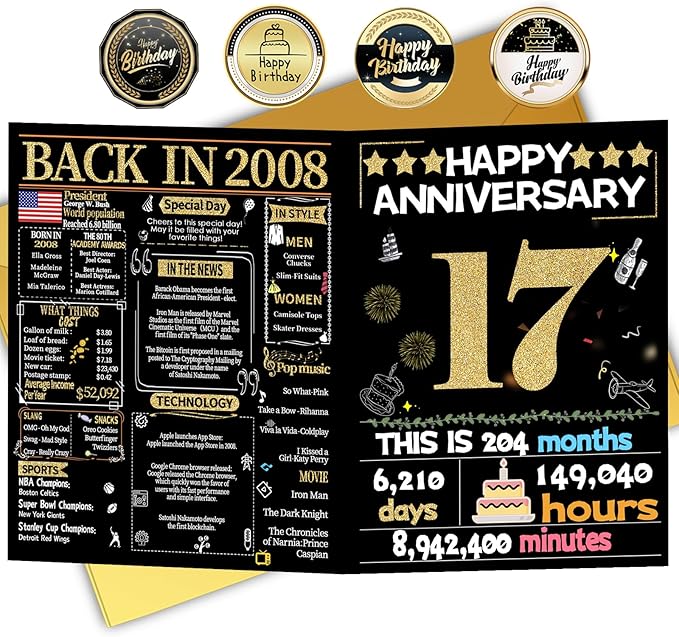 Joycard 17th Anniversary Card for Women Men, Gold Wedding Card for Wife Husband, Sweet Marriage Decorations Gifts for Couple, Perfect for Her Him on Anniversary Day, Back in 2008