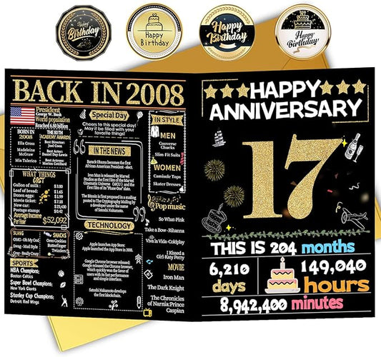 Joycard 17th Anniversary Card for Women Men, Gold Wedding Card for Wife Husband, Sweet Marriage Decorations Gifts for Couple, Perfect for Her Him on Anniversary Day, Back in 2008