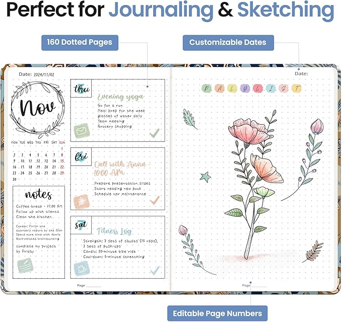 Bullet Dotted Journal Notebook for Women & Men, Hardcover Leather Journal for Writing, A5 Bullet Journaling Notebook for Work & Sketching, Perfect for Office School Home Supplies, 160 Pages, Lineage Flora