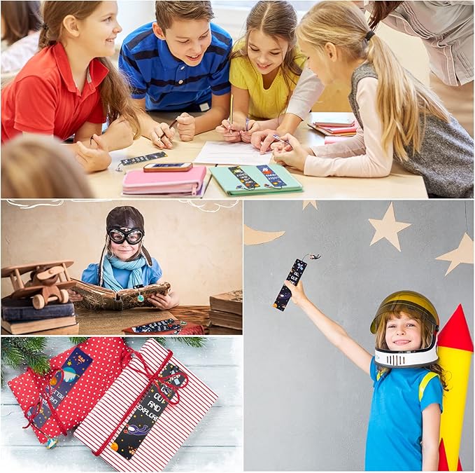 Christmas Space Theme Bookmarks with Metal Charms Planet Rocket Space Ship Theme Bookmarks Inspirational Quotes Bookmarks for Space Christmas Party Favors Gifts Kids Boys Girls Encourage(144 Pieces)