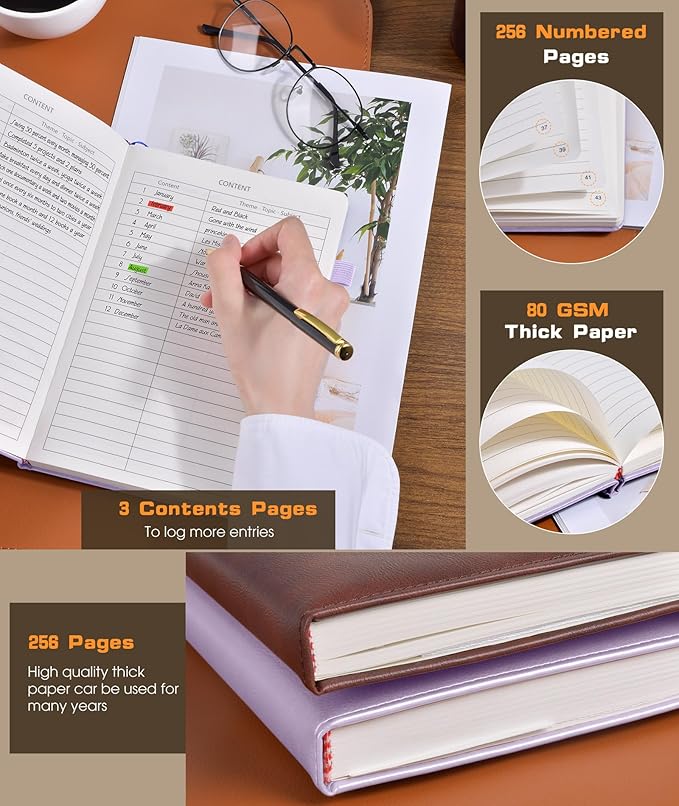 Lined Journal Notebook for Women Men, 256 Numbered Pages Hardcover Leather Journals for Writing, A5 Journaling Notebooks, College Ruled Journal for Business Work School 5.75" x 8.38" Purple