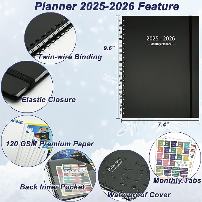 Monthly Planner 2025-2026 (7.4'' x 9.6''), 2025 Calendar 18 Months Planner from Jan 2025-Jun 2026, Academic Planner with Monthly Tabs & Pocket, Perfect for School & Work, 120GSM Thick Paper, Black