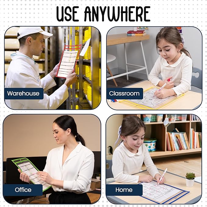 30 Pack, Assorted, Dry Erase Pocket Document Protectors,10" Wide x 13.5" Tall - Dry Erase Clear Plastic Sleeves - Reusable & Easy Erase Plastic Invoice Holders, Water-Resistant & Durable