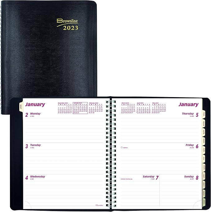 Brownline 2023 Essential Weekly/Monthly Planner, 12 Months, January to December, Twin-Wire Binding, 8.5" x 6.75", Black (CB850.BLK-23)