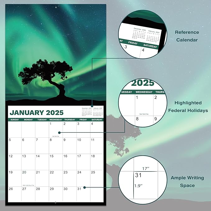 2025 Wall Calendar -2025 Calendar from Jan. 2025- Dec. 2025, Aurora Calendar 2025, 2025 Wall Calendar 12 Month with Thick & Sturdy Paper, 12" x 24" Opened, Christmas Gifts