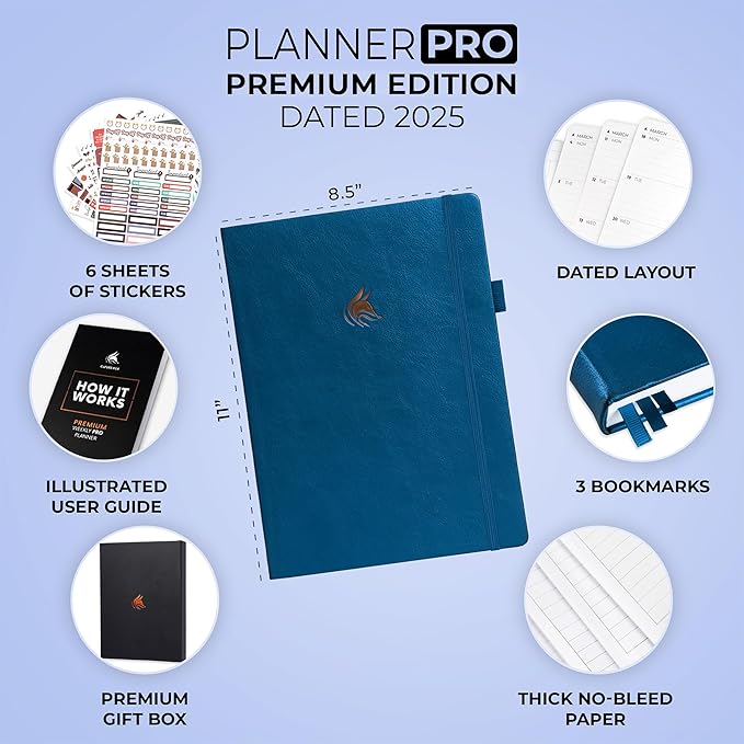 Clever Fox Planner PRO Premium Jan 2025-Jan 2026 – Luxurious Weekly, Monthly & Budget Agenda Organizer for Productivity & Reaching Goals, A4 Hardcover + Keepsake Box – Mystic Blue