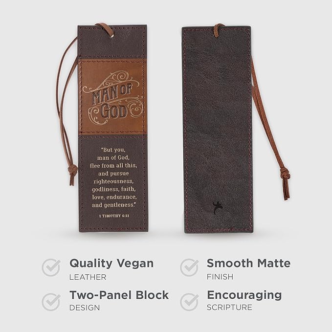 Christian Art Gifts Premium Inspirational Scripture Vegan Leather Bookmark for Men: Man of God Encouraging Bible Verse, Knotted Cord, Gold Text, Sturdy Slim Book Reading Accessory, Light & Dark Brown