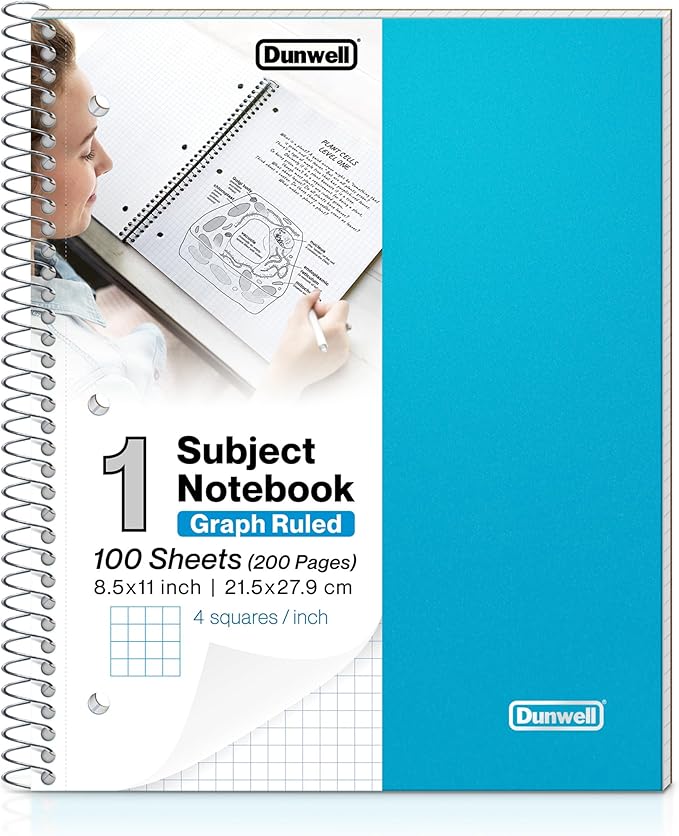 Dunwell Graph Paper Notebook 8.5 x 11 (Blue) Plastic Cover, 100 Sheets (200 Pages), 4x4 Squares, 1 Subject Graph Paper Spiral Notebook, 1/4" Grid, Pocket Divider, Easy Tear-Off, 3-Hole Punched