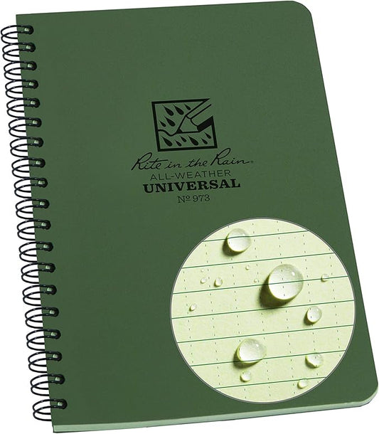 Rite In The Rain Weatherproof Side Spiral Notebook, 4.625" x 7", Green Cover, Universal Pattern (No. 973), 7 x 4.875 x 0.375
