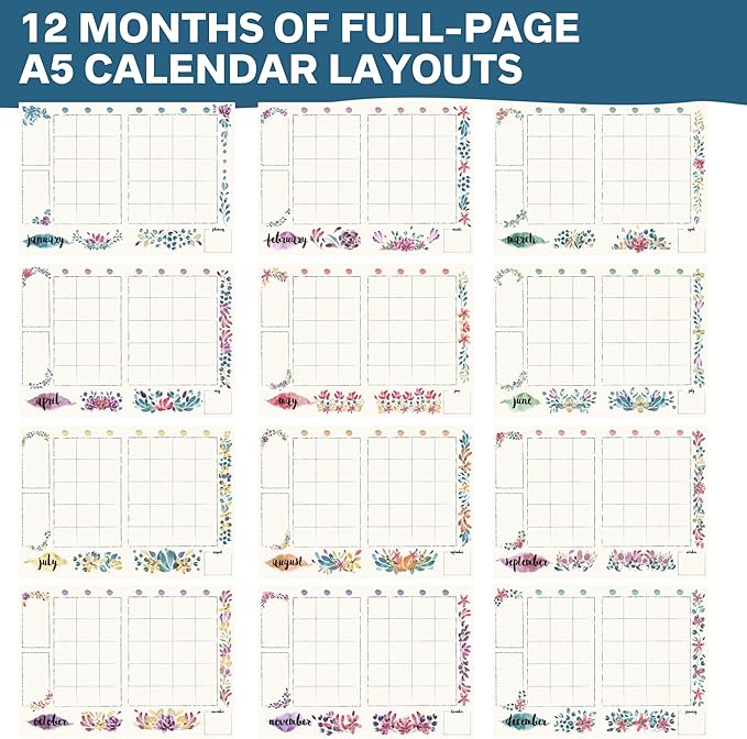 Undated Monthly Calendar Planner Stickers Compatible with A5 Bullet Dot Grid Journals (5.3 x 7.7") - 12-Month Calendars Cute Floral Illustrations, Flower Journal Supplies, Templates, Agenda Layouts