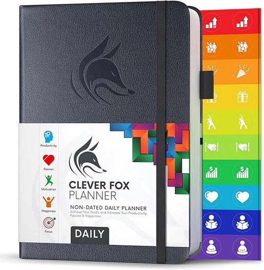 Clever Fox Daily Planner – Undated Planning Notebook with Hourly Schedule & to-Do List – Personal Day Task & Work Organizer, 6 Months (Silver Black)