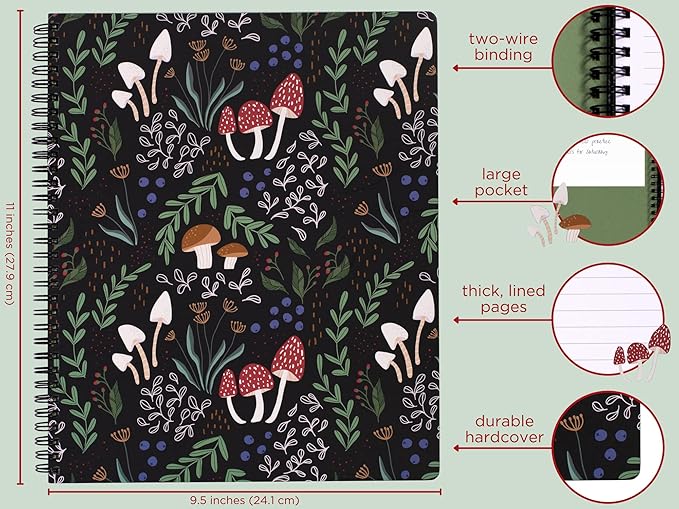 Steel Mill & Co Cute Large Spiral Notebook College Ruled, 11" x 9.5" with Durable Hardcover and 160 Lined Pages, Mushroom