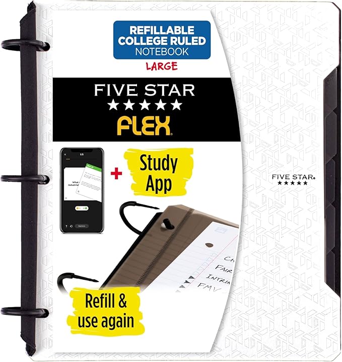 Five Star Flex Refillable Notebook + Study App, College Ruled Paper, 1 Inch TechLock Rings, Pockets, Tabs and Dividers, 200 Sheet Capacity, White (29328AE2)