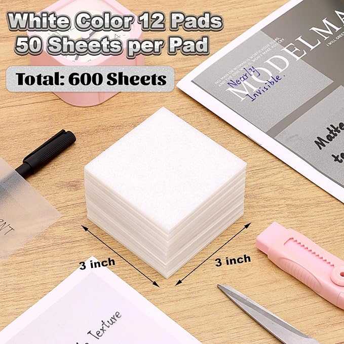 SYMDROMIA Transparent Sticky Notes 12 Pack, Frosted Glitter White 3x3 Inch, High Transparency Glass-Like Adhesive Clear Seee Through Sticky Notes for Women Office School Supplies 600 Sheets