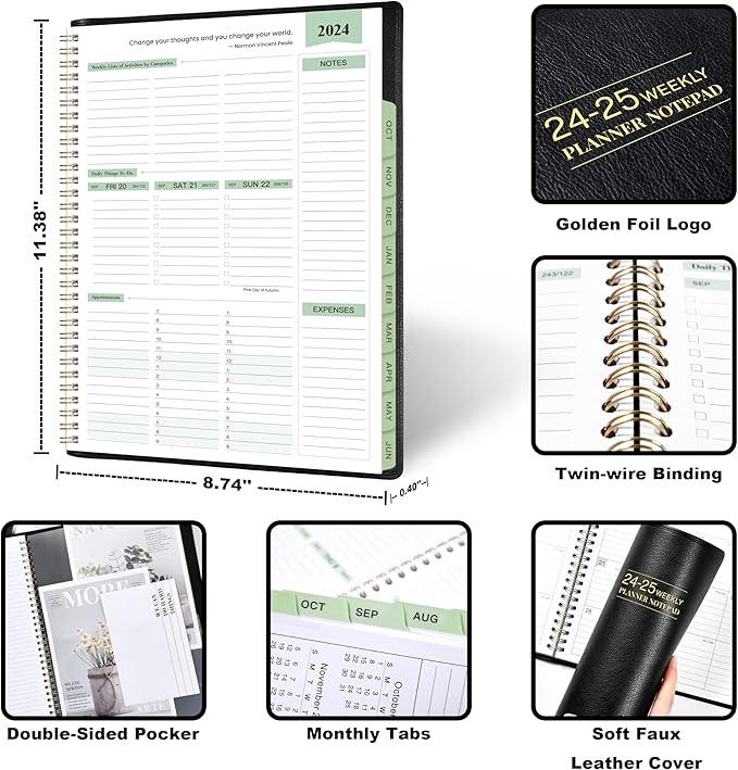 2024-2025 Planner -11.38'' x 8.74'', Weekly & Monthly Planner Notepad, From JUL.2024 - JUN.2025, Appointment Book, 60 Minutes Interval, Monthly Tabs, Faux Soft Leather, Spiral Bound - Black