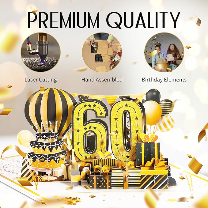 60th Birthday Card for Men Husband, Jumbo Pop Up 60 Year Old Birthday Cards for Women Men, Happy 60th Gifts for Him Her, Jumbo 60 Year Old Birth day Card, Review of 1965, Black Gold (8''x10'')