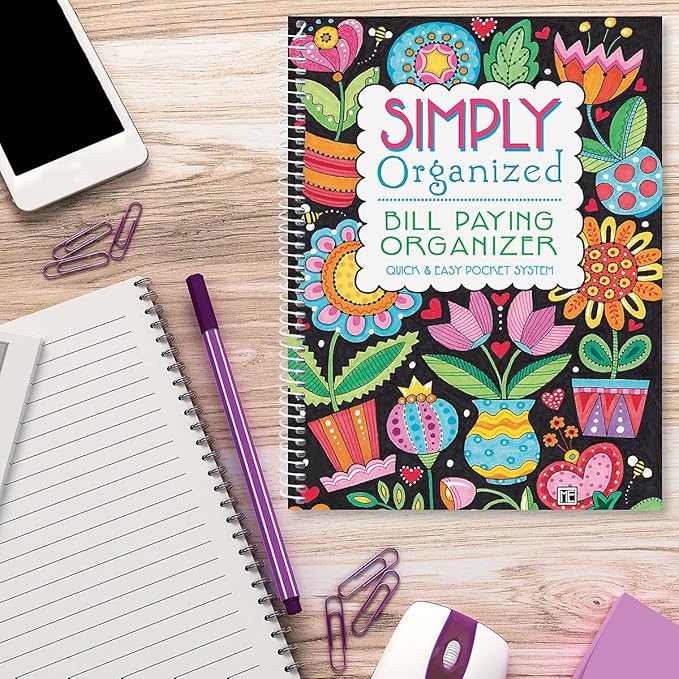 ©Mary Engelbreit Bill Paying Organizer Book - Personal Account book, 9" by 12 inch, Spiral-Bound, 14 Pockets, 32 Label Stickers, Bill Tracking