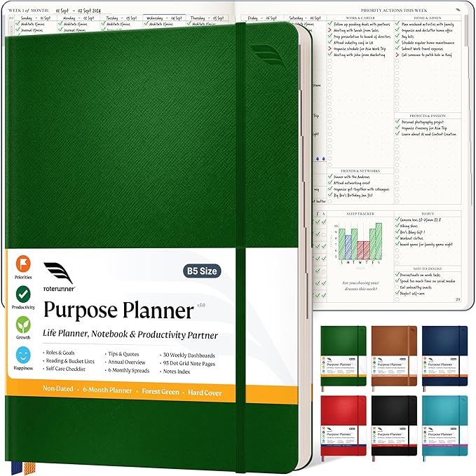 Roterunner Hardcover Purpose Planner Notebook B5 7.5 x 9.8 Undated Daily Planner 2024-2025 Daily Weekly and Monthly Productivity Planner Life Planner ADHD Planner for Adults Self Care Journal
