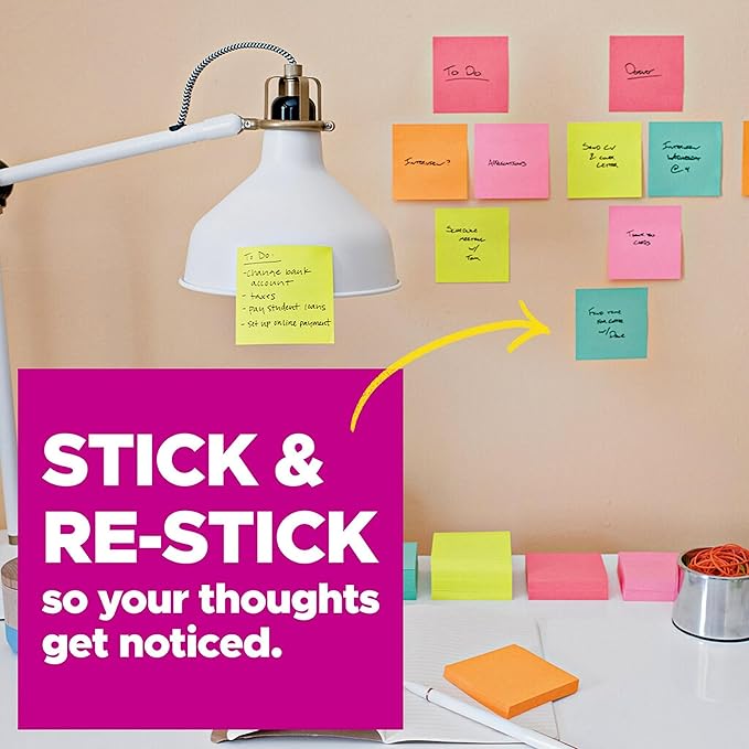 Post-it Super Sticky Notes, 24 Sticky Note Pads, 3 x 3 in., School Supplies, Office Products, Sticky Notes for Vertical Surfaces, Monitors, Walls and Windows, Canary Yellow